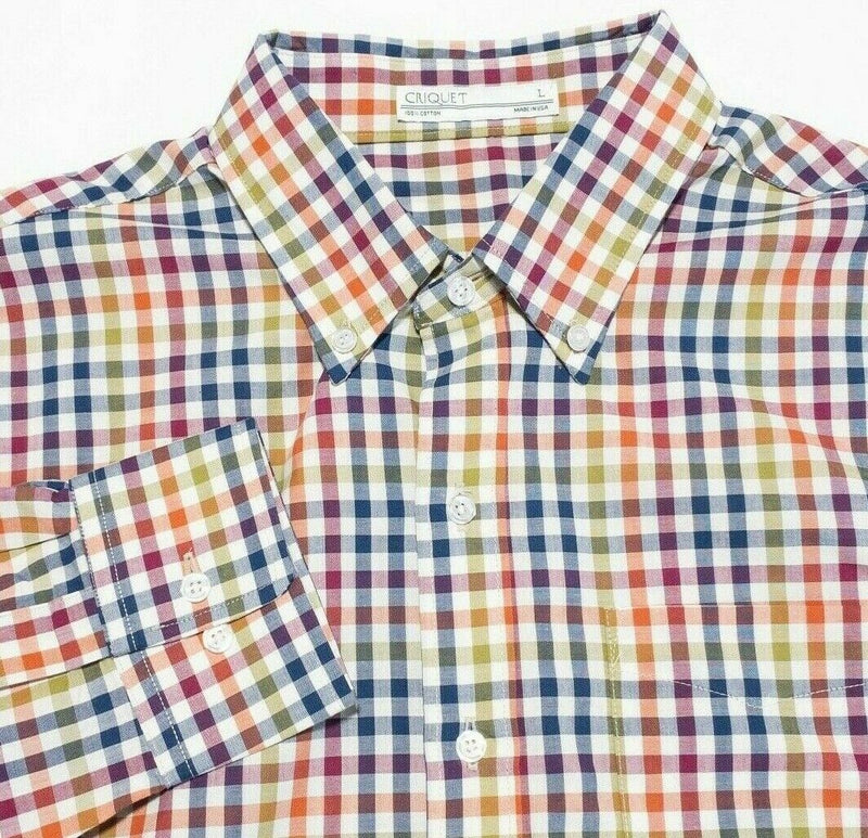 Criquet Men's Large Shirt Multi-Color Check Blue Red Button-Down Made in USA