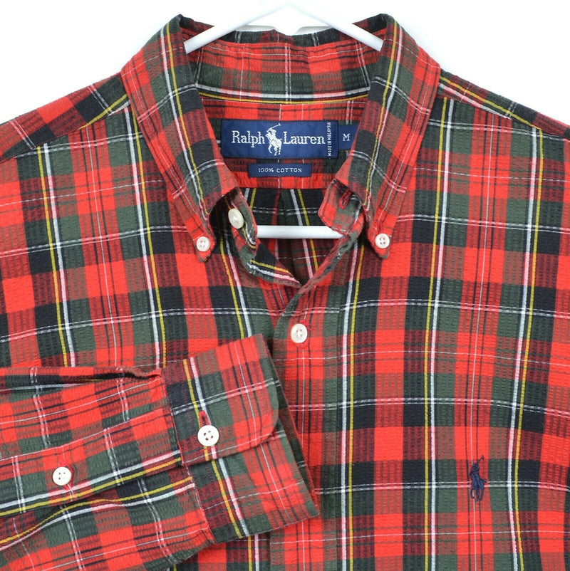 Polo Ralph Lauren Men's Sz Medium Seersucker Red Green Plaid Button-Down Shirt