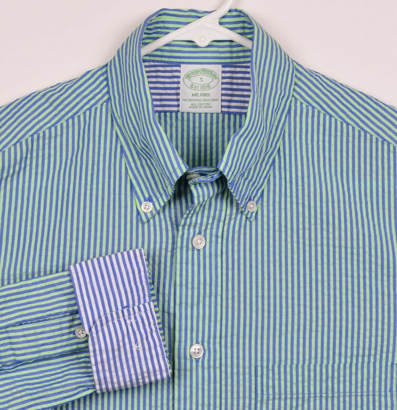 Brooks Brothers Men's Small Seersucker Flip Cuff Blue Green Striped Milano Shirt