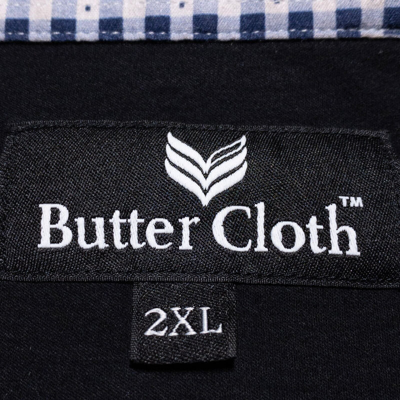 Butter Cloth Shirt Men's 2XL Flip Cuff Check Button-Up Solid Black Stretch