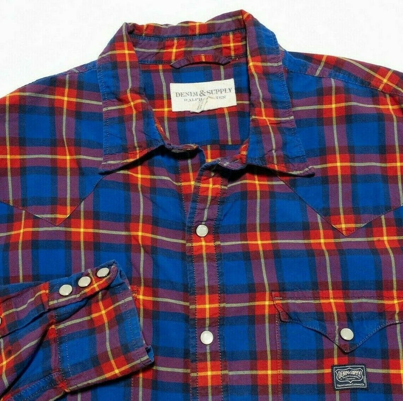 Denim & Supply Ralph Lauren Men's XL Pearl Snap Blue Red Plaid Western Shirt