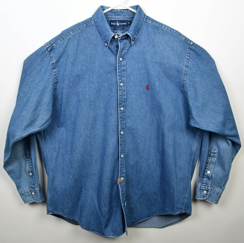 Polo Ralph Lauren Men's XL Denim Blue Vintage 90s Button-Down Shirt