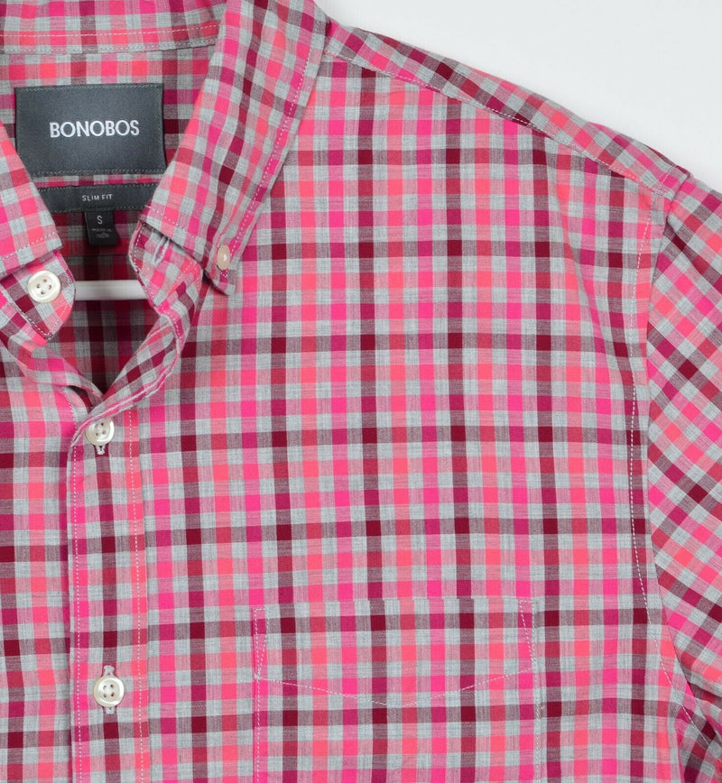 Bonobos Men's Sz Small Slim Fit Pink Red Plaid Check Long Sleeve Shirt