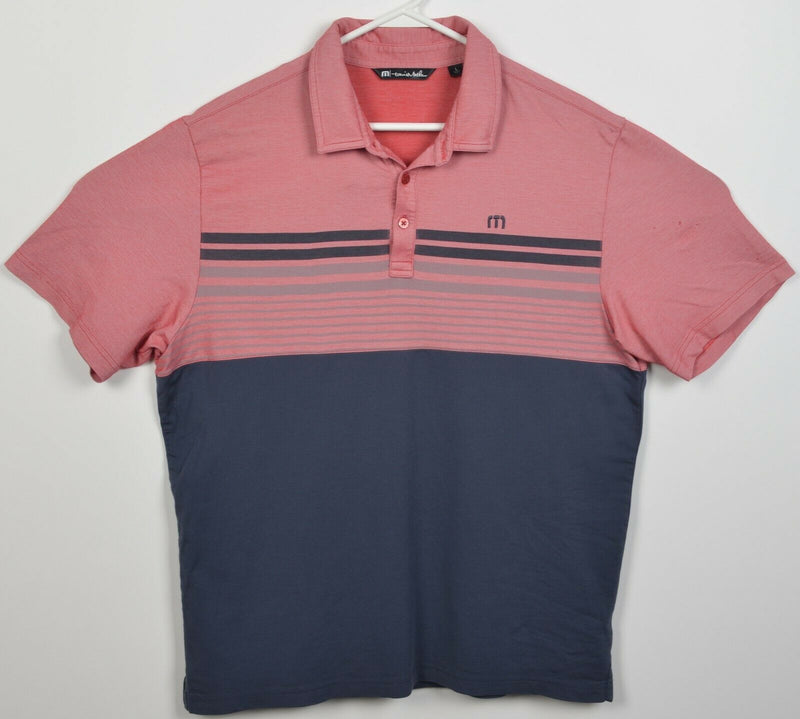 Travis Mathew Men's Large Red Navy Blue Striped Logo Golf Polo Shirt