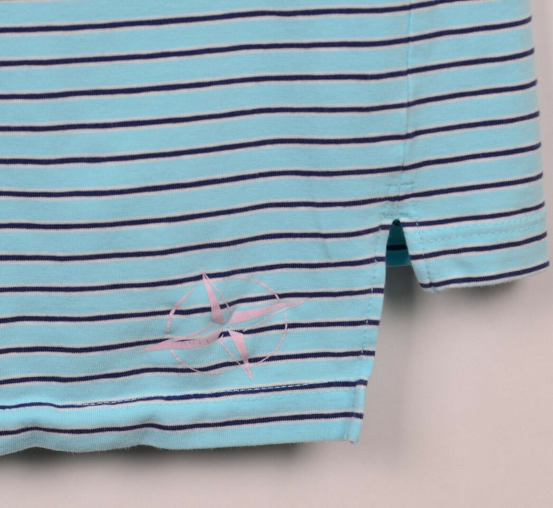 B. Draddy Men's Sz Medium Aqua Blue Striped Golf Polo Shirt Indian Hill Club