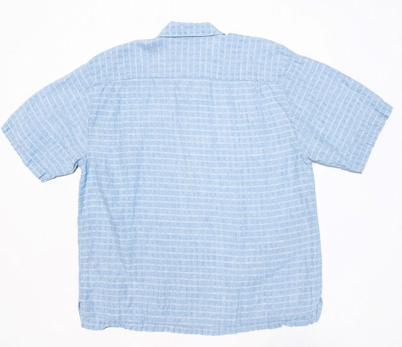 Nat Nast Linen Shirt Large Men's Blue Check Textured Hawaiian Camp Short Sleeve
