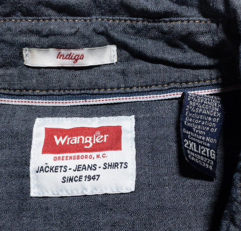 Wrangler Pearl Snap Shirt Men's 2XL Denim Indigo Blue Western Rockabilly Jeans