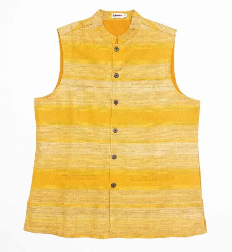 Fabindia Kurta Shirt 42 Men's Silk Sleeveless Yellow/Orange Striped Woven