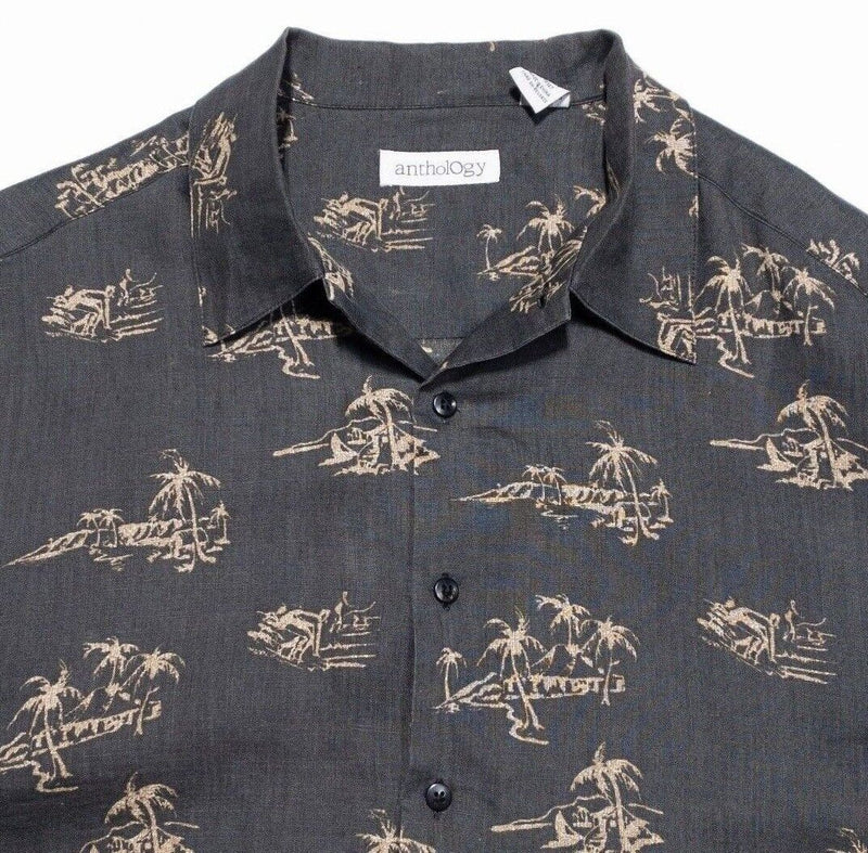 Anthology Linen Camp Shirt Men's Large Floral Palm Island Print Hawaiian Gray