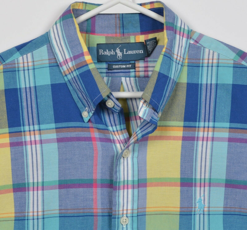 Polo Ralph Lauren Men's Large Blue Yellow Plaid Indian Madras Button-Front Shirt