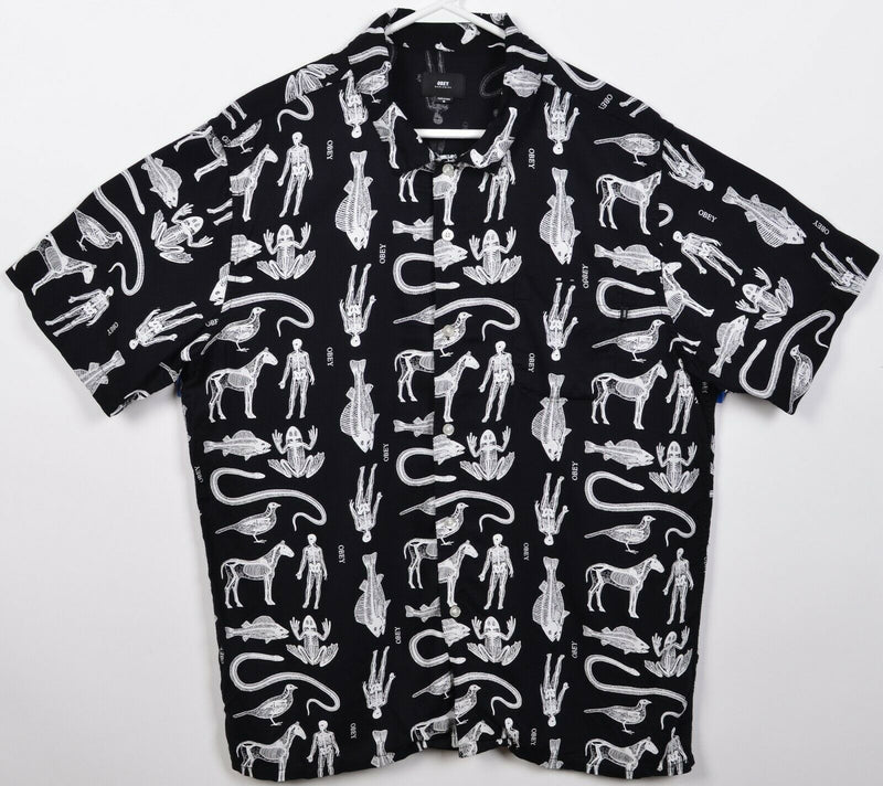 Obey Men's Medium Skeleton X-Ray Graphic Print Black Viscose Button-Front Shirt