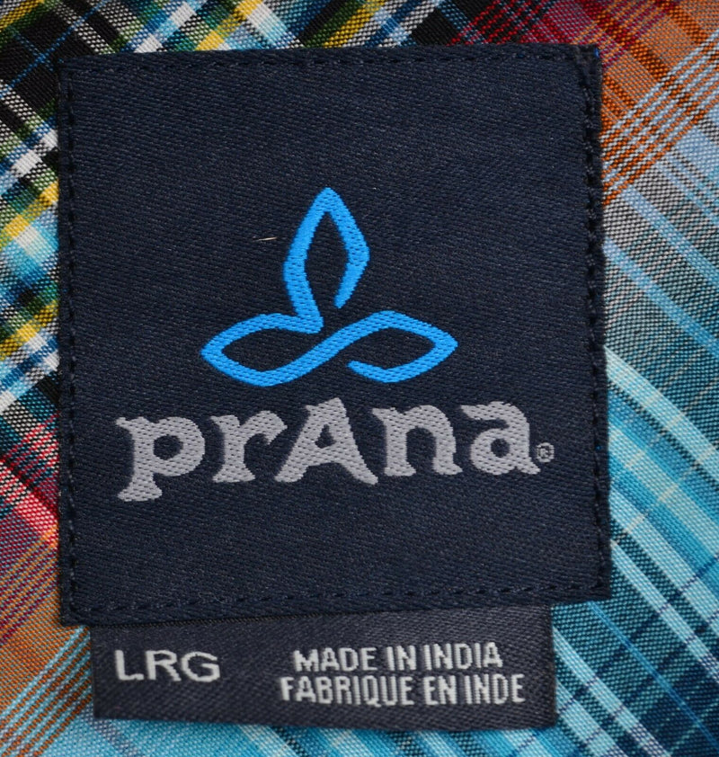 Prana Men's Sz Large Blue Plaid Organic Cotton Polyester Hiking Casual Shirt