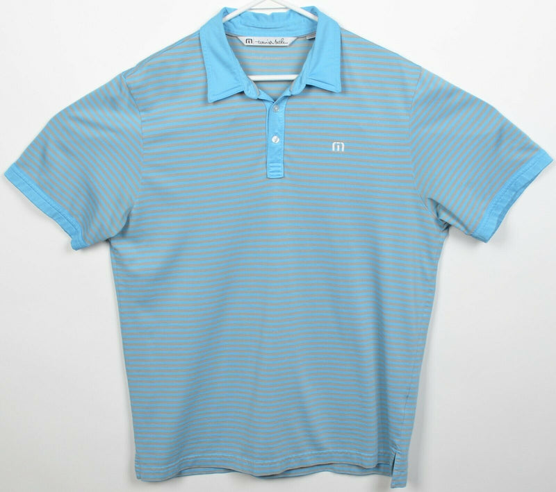 Travis Mathew Men's Large Blue Gray Striped Pima Cotton Poly Golf Polo Shirt