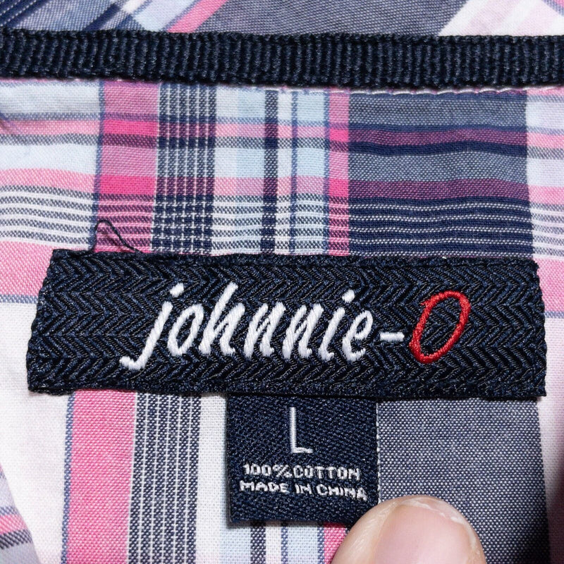 johnnie-O Button-Down Shirt Men's Large Plaid Pink Blue Long Sleeve Surfer Logo