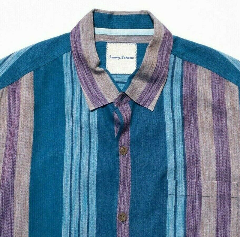 Tommy Bahama Silk Shirt Large Men's Hawaiian Multi-Color Striped Blue Purple