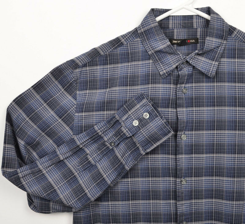 John Varvatos USA Men's Medium Gray Blue Plaid Designer Button-Front Shirt