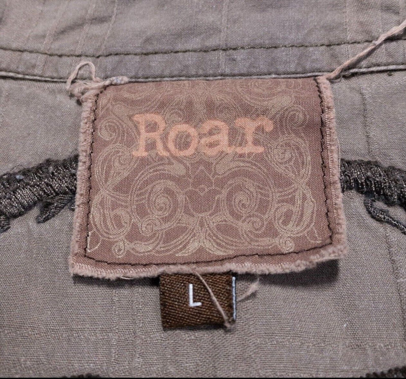Roar Shirt Large Men's Tribal Brown Short Sleeve Button-Front Embroidered