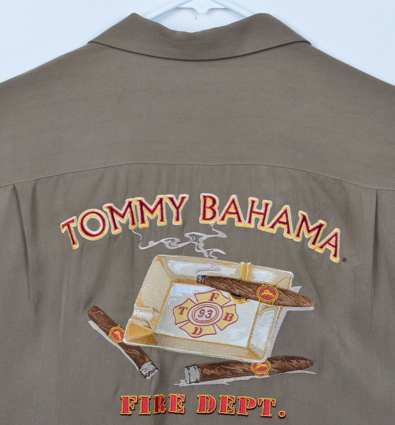 Tommy Bahama Men's Large 100% Silk Fire Dept. Cigars Embroidered Hawaiian Shirt