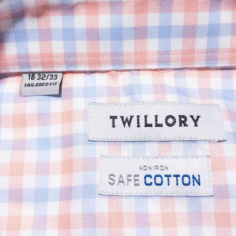 Twillory Dress Shirt Men's 16-32/33 Pink Blue Check Non-Iron Safe Cotton