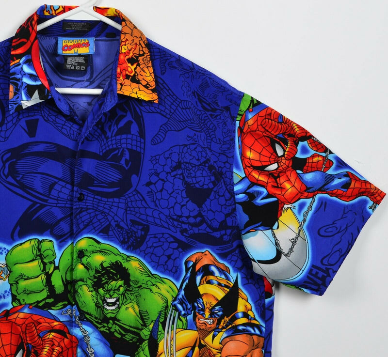 Vintage Marvel Comics Men's Large Spider-Man Hulk Blue Y2K Polyester Camp Shirt