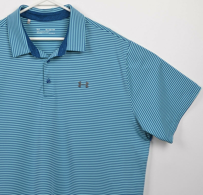 Under Armour Men's 3XLT Loose Blue Aqua Striped HeatGear Golf Polo Shirt