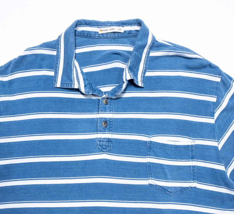 Marine Layer Polo Shirt L/XL Mens Indigo Blue Striped Pocket Tencel Cotton Blend