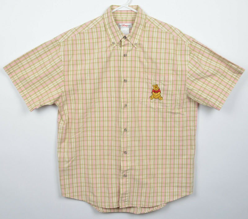 Disney Store Men's Medium Pooh Bear Pink Yellow Plaid Button-Down Shirt