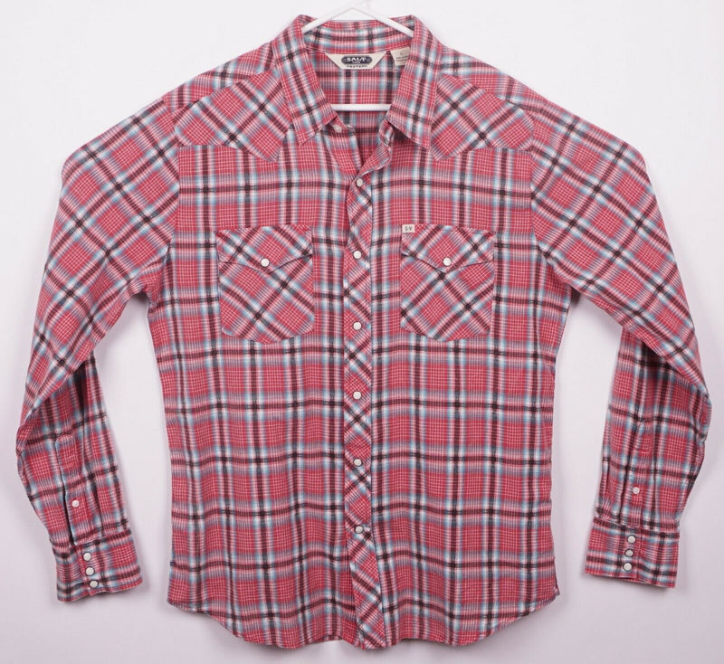 Salt Valley Western Men's Large Pearl Snap Pink/Red Plaid Western Shirt