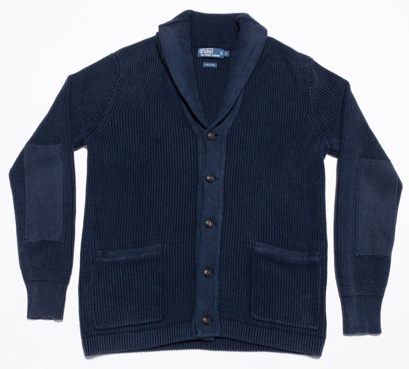 Polo Ralph Lauren Cardigan Sweater Mens Large Shawl Collar Knit Navy Blue Cotton