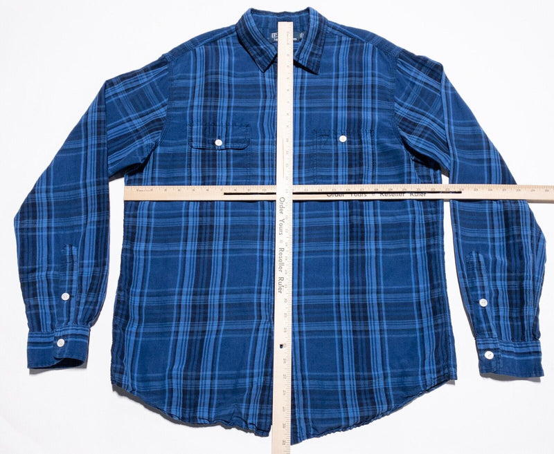 Polo Ralph Lauren Silk Linen Shirt Men's Large Loop Collar Plaid Blue Indigo 90s