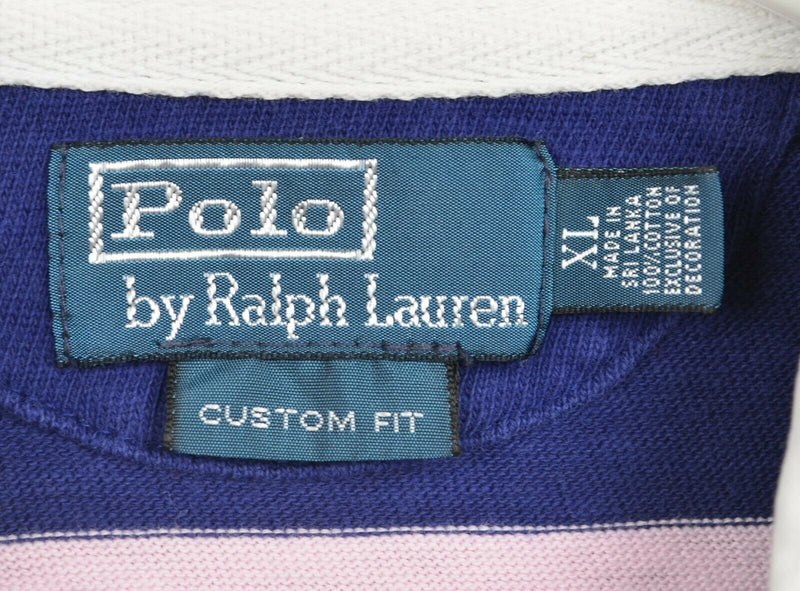 Polo Ralph Lauren Men's XL Navy Blue Pink Chunky Stripe Long Sleeve Rugby Shirt