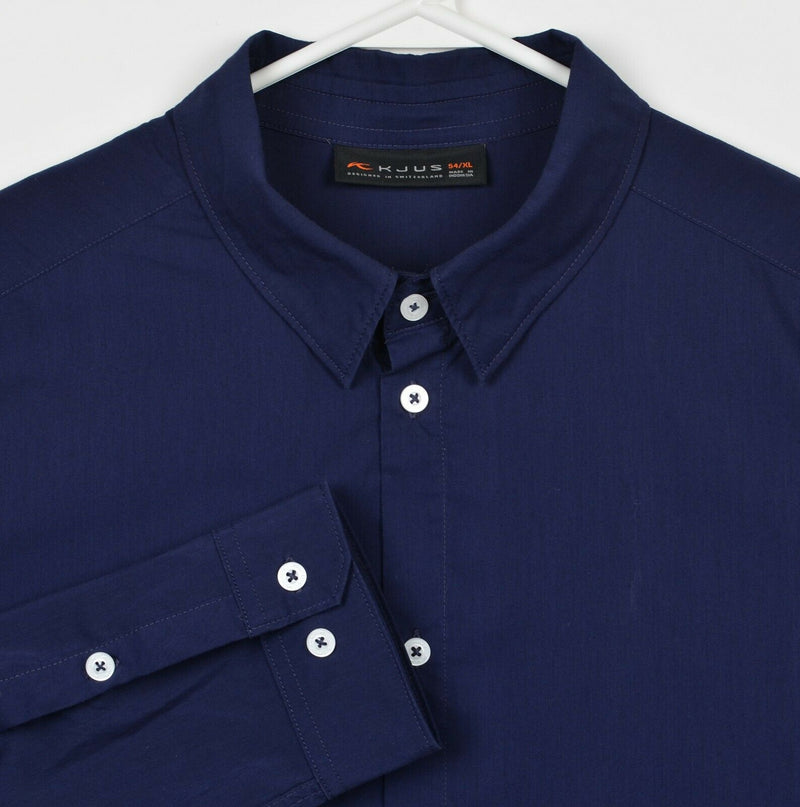 KJUS Men's 54/XL "Zinal" Solid Navy Blue Wicking Polyester Button-Down Shirt