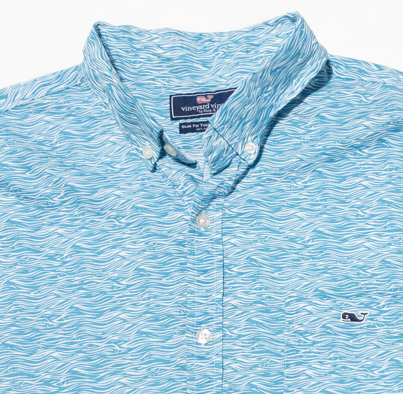 Vineyard Vines Tucker Shirt Large Slim Men's Waves Geo Blue Whale Button-Down