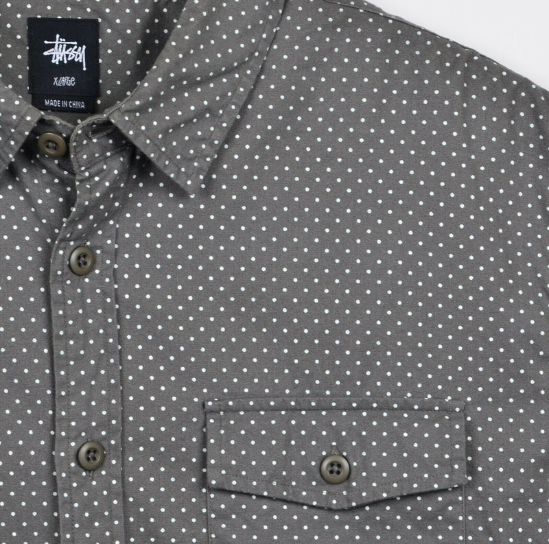 Stussy Men's Sz XL Gray White Polka Dot Long Sleeve Button-Front Shirt