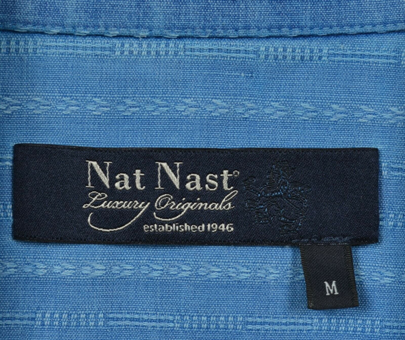 Nat Nast Men's Medium 100% Silk Blue Striped Hawaiian Bowling Retro Shirt