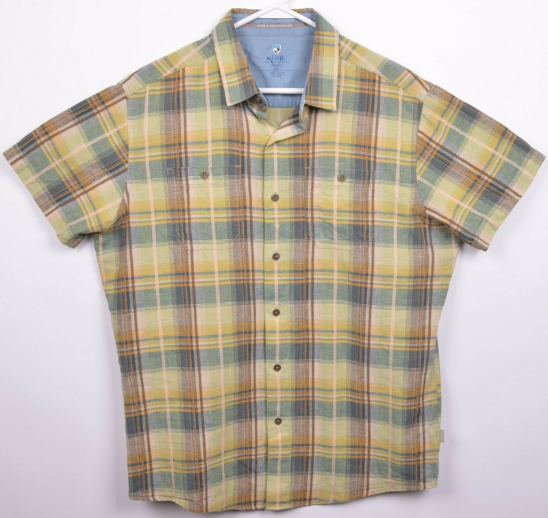 Kuhl Men's Large Linen Blend Yellow Green Plaid Hiking Outdoor Skorpio Shirt