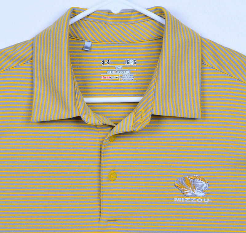 Mizzou Tigers Men's Sz Large Loose Under Armour Striped Gold Gray Polo Shirt