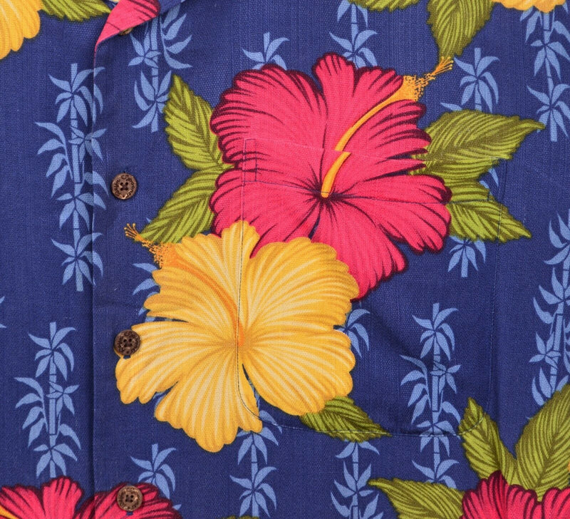 Reyn Spooner Men’s Sz Large 100% Silk Blue Hibiscus Floral Hawaiian Aloha Shirt