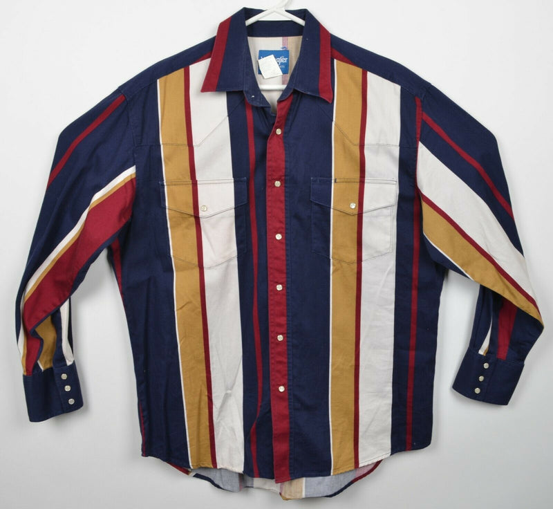 Wrangler Men's Large Pearl Snap Multi-Color Navy Gold Striped Western Shirt