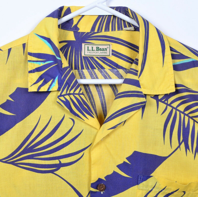 L.L Bean Men's Large Floral Palm Yellow Blue Vintage 80s Hawaiian Aloha Shirt