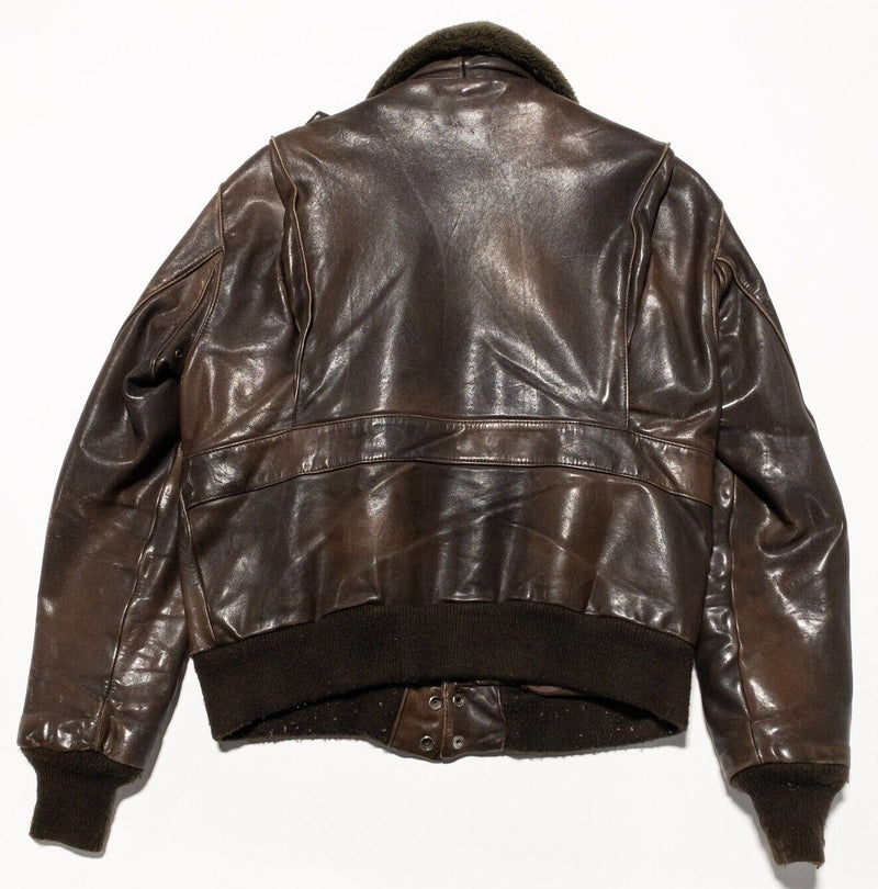 Berman's Leather Bomber Jacket Mens 42 Full Zip Brown Worn Distressed Fur Collar