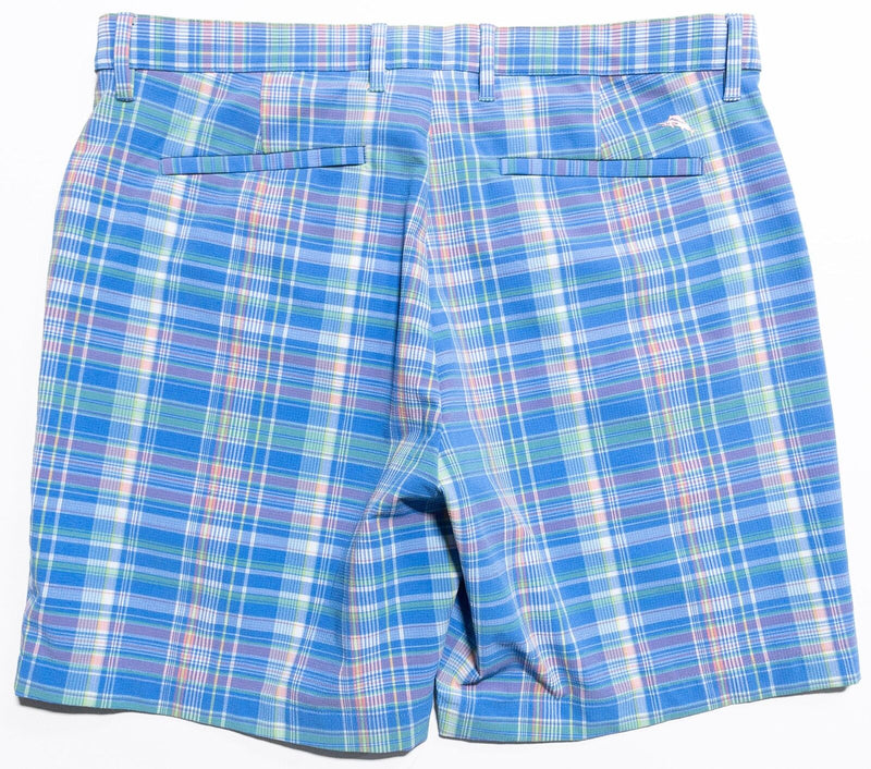 Tommy Bahama Plaid Shorts Men's 36 Blue Colorful Polyester Wicking Stretch