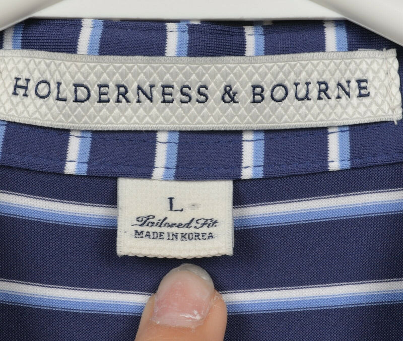 Holderness & Bourne Men's Large Tailored Navy Striped Polyester Golf Polo Shirt