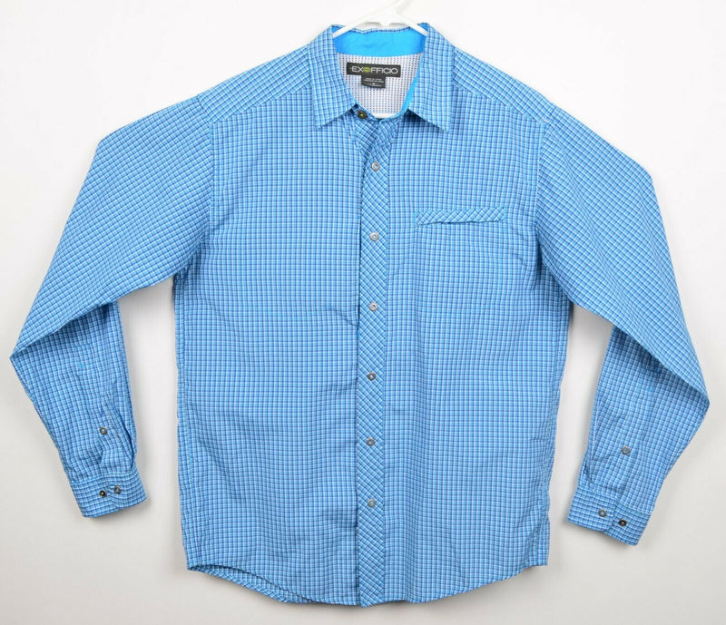 ExOfficio Men's Sz Medium Snap-Front Vented Blue Plaid Fishing Hiking Shirt
