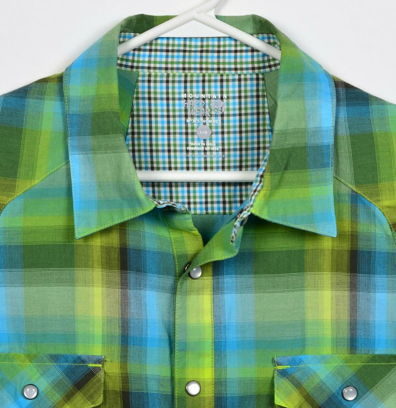 Mountain Hardwear Men's Large Pearl Snap Green Blue Plaid Short Sleeve Shirt