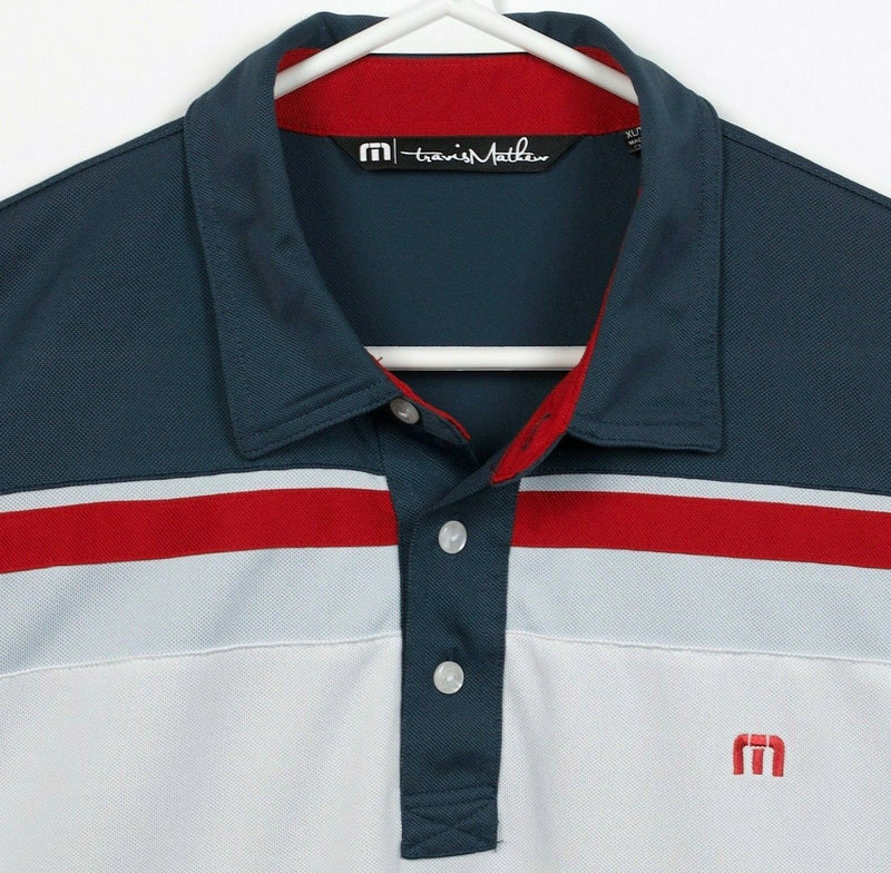 Travis Mathew Men's XL White Blue Red Striped Polyester Wicking Golf Polo Shirt