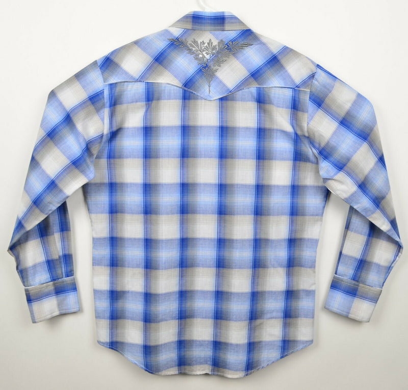 Roper Men's Sz Large Pearl Snap Smile Pocket Blue Plaid Western Shirt