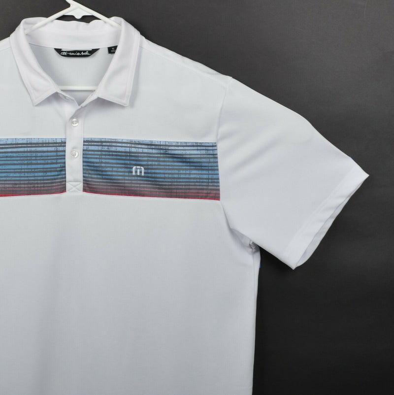 Travis Mathew Men's XL Striped White Blue Red Polyester Spandex Golf Polo Shirt