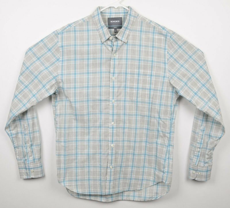 Bonobos Men's Large Slim Fit Gray Blue Plaid Long Sleeve Button-Down Shirt