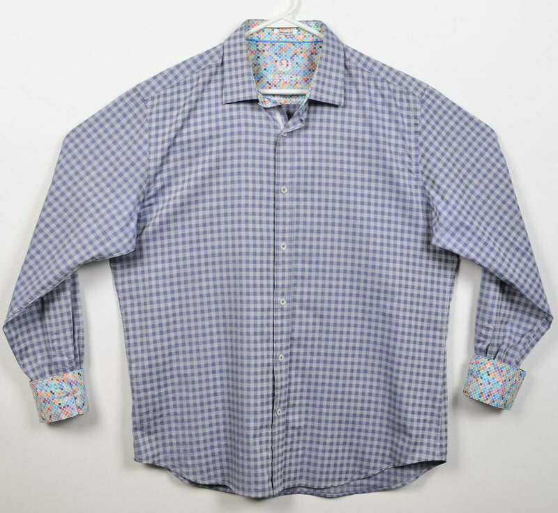 Bugatchi Uomo Men's Large Shaped Fit Gray Check Colorful Flip Cuff Button Shirt